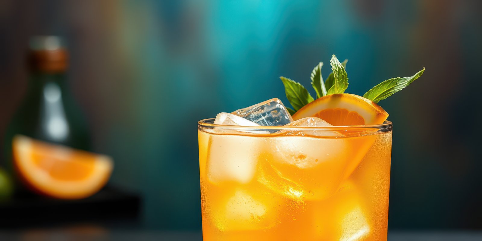 Refreshing citrus drink garnished with mint and orange slices served in a vibrant setting